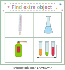 Map game for children's development, find an extra object where all objects are made of glass, except for a bottle of aerosol, the aerosol is extra. Vector illustration. Design, education