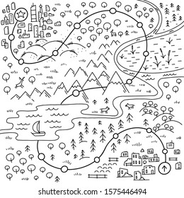 Map of the game. Walk the way. Cartoon city, mountains river and village. Forest hills and sea. Hand drawn sketch vector and black line.