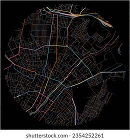 Map of Ganja with all major and minor roads, railways and waterways. Colorful line art on black background.