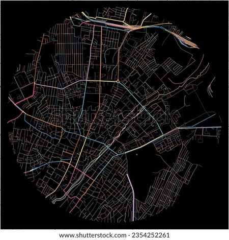 Map of Ganja with all major and minor roads, railways and waterways. Colorful line art on black background.