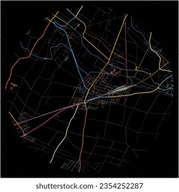 Map of Ganserndorf, Lower Austria with all major and minor roads, railways and waterways. Colorful line art on black background.