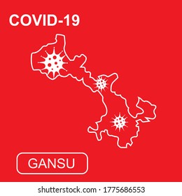 Mapa de Gansu con "COVID-19". Mapa de esquema blanco sobre un fondo rojo. Ilustración vectorial de un virus, coronavirus, epidemiología.