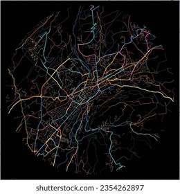 Map of Gap, Hautes-Alpes with all major and minor roads, railways and waterways. Colorful line art on black background.