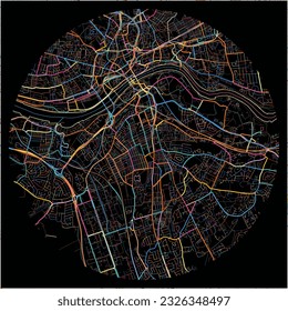 Mapa de Gateshead, Noreste de Inglaterra con todas las carreteras principales y menores, vías férreas y vías fluviales. Coloridas líneas de arte sobre fondo negro.