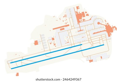 Map of Gatwick Airport (United Kingdom). IATA-code: LGW. Airport diagram with runways, taxiways, apron, parking areas and buildings. Map Data from OpenStreetMap.