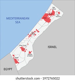 Map of Gaza Strip with roads and cities. Vector illustration