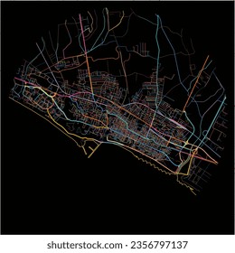 Map of Gela, Sicily with all major and minor roads, railways and waterways. Colorful line art on black background.
