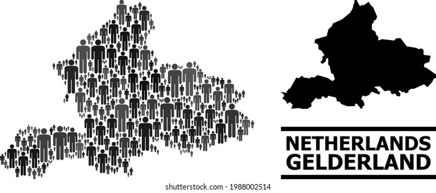 Map of Gelderland Province for political promotion. Vector demographics mosaic. Mosaic map of Gelderland Province organized of social pictograms. Demographic concept in dark gray color shades.