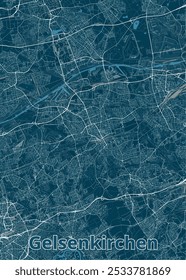 Mapa de Gelsenkirchen, Alemania, en un estilo minimalista. El mapa presenta un fondo azul oscuro con líneas blancas que representan calles, carreteras y vías fluviales.