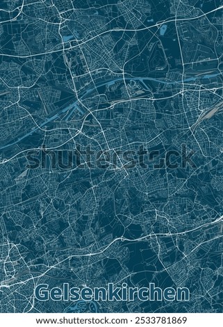Map of Gelsenkirchen, Germany, rendered in a minimalist style. The map features a dark blue background with white lines representing streets, roads, and waterways.