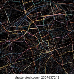 Map of Gelsenkirchen, North Rhine-Westphalia with all major and minor roads, railways and waterways. Colorful line art on black background.