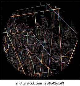 Map of GeneralEscobedo, Nuevo León with all major and minor roads, railways and waterways. Colorful line art on black background.