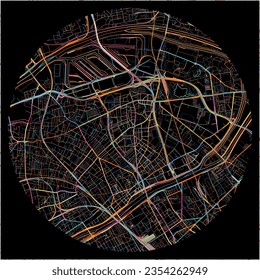 Map of Gennevilliers, Hauts-de-Seine with all major and minor roads, railways and waterways. Colorful line art on black background.