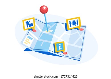 Mapa con la ilustración vectorial del pin de geolocalización. Mapa de la ciudad con atracciones, restaurantes y cafés, información firma diseño de estilo plano. Sistema de navegación. Aislado sobre fondo blanco