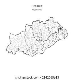 Karte der geopolitischen Teilgebiete des Departements De L’Hérault einschließlich Arrondissements, Kantonen und Gemeinden ab 2022 - Occitanie - Frankreich