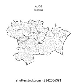 Karte der geopolitischen Teilgebiete des Departements De L’Aude einschließlich Arrondissements, Kantonen und Gemeinden ab 2022 - Occitanie - Frankreich