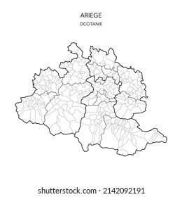 Karte der geopolitischen Teilgebiete des Departements de L’Ariège einschließlich Arrondissements, Kantonen und Gemeinden ab 2022 - Occitanie - Frankreich