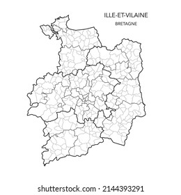 Map of the Geopolitical Subdivisions of The Département De L’Ille-et-Vilaine Including Arrondissements, Cantons and Municipalities as of 2022 - Bretagne - France