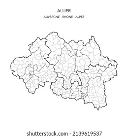 Karte der geopolitischen Teilgebiete des Departements De L Allier einschließlich Arrondissements, Kantonen und Gemeinden ab 2022 - Auvergne Rhône Alpes - Frankreich