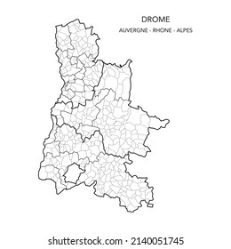 Map of the Geopolitical Subdivisions of The Département De La Drôme Including Arrondissements, Cantons and Municipalities as of 2022 - Auvergne Rhône Alpes - France