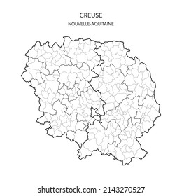 Map of the Geopolitical Subdivisions of The Département De La Creuse Including Arrondissements, Cantons and Municipalities as of 2022 - Nouvelle Aquitaine - France