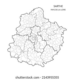 Map of the Geopolitical Subdivisions of The Département De La Sarthe Including Arrondissements, Cantons and Municipalities as of 2022 - Pays De La Loire - France