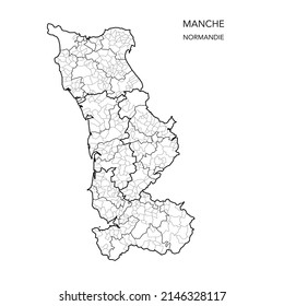 Karte der geopolitischen Teilgebiete des Departements De La Manche einschließlich Arrondissements, Kantonen und Gemeinden ab 2022 - Normandie - Frankreich