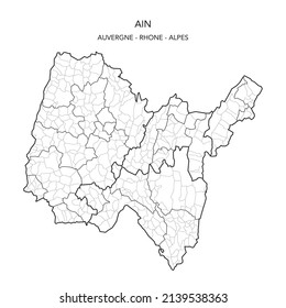 Karte der geopolitischen Teilgebiete des Departements De L Ain einschließlich Arrondissements, Kantonen und Gemeinden ab 2022 - Auvergne Rhône Alpes - Frankreich