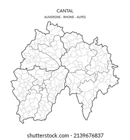 Karte der geopolitischen Teilgebiete des Departements Du Cantal, einschließlich Arrondissements, Kantonen und Gemeinden, ab 2022 - Auvergne Rhône Alpes - Frankreich