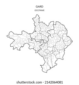 Karte der geopolitischen Teilgebiete des Departements Du Gard einschließlich Arrondissements, Kantonen und Gemeinden ab 2022 - Occitanie - Frankreich