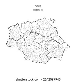 Karte der geopolitischen Teilgebiete des Departements Du Gers einschließlich Arrondissements, Kantonen und Gemeinden ab 2022 - Occitanie - Frankreich