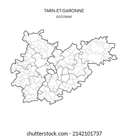 Karte der geopolitischen Untergebiete des Departements du Tarn-et-Garonne einschließlich Arrondissements, Kantonen und Gemeinden seit 2022 - Occitanie - Frankreich