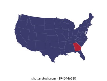 Map of Georgia. The map is colored in the colors of the US flag. Map shows the location of Georgia in the USA. This file is appropriate for digital editing and prints of all sizes.