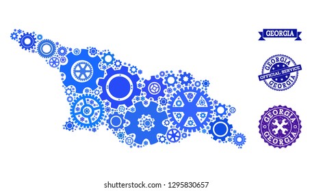 Map of Georgia composed with blue cog symbols, and isolated grunge stamps for official repair services. Vector abstract mosaic of map of Georgia with repair symbols in blue color tinges.
