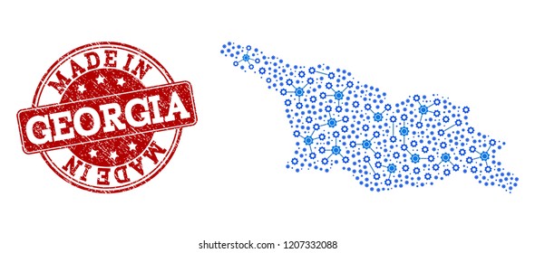 Map of Georgia country vector mosaic and Made In grunge stamp. Map of Georgia country designed with blue wheel relations. Made in red seal with grunge rubber texture.