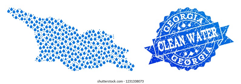 Map of Georgia country vector mosaic and clean water grunge stamp. Map of Georgia country designed with blue water tears. Seal with grunge rubber texture for pure drinking water.