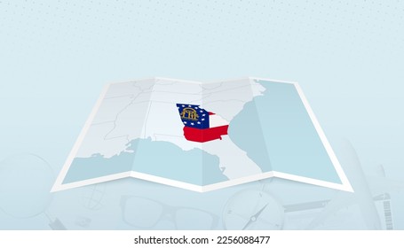 Map of Georgia with the flag of Georgia in the contour of the map on a trip abstract backdrop. Travel illustration.