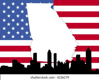 map of Georgia on American flag with Atlanta skyline