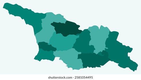 Map of Georgia with regions. Just a simple country border map with region division. Teal color palette. Flat Georgia shape with administrative division. Vector illustration.