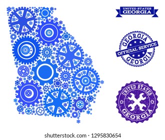 Map of Georgia State created with blue wheel symbols, and isolated rubber watermarks for official repair services. Vector abstract mosaic of map of Georgia State with repair symbols in blue hues.