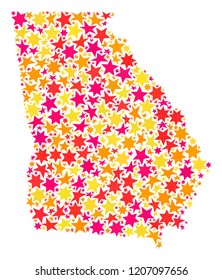Map of Georgia State formed with colored flat stars. Vector colored geographic abstraction of map of Georgia State with red, yellow, orange stars. Festive mosaic design for Xmas illustrations.