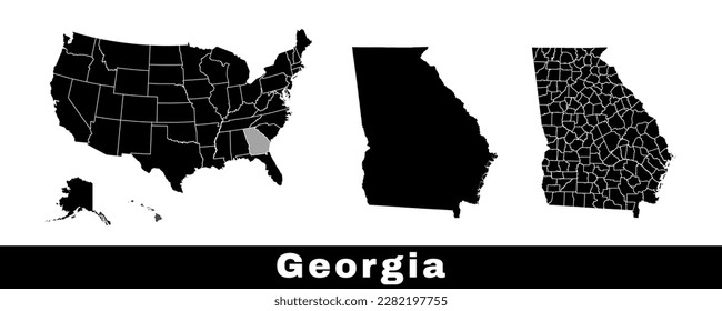 Map of Georgia state, USA. Set of Georgia maps with outline border, counties and US states map. Black and white color vector illustration.