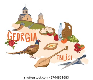 Map of Georgia and vector symbols of the Caucasus. Khinkali, khachapuri, kranat, persimmon, and ripe grapes. Trinity Church in the mountains. Wine, pheasant, kama, and chonguri. Tourism and culture.