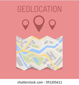 Map and geotag. concept of geolocation, geographic, positioning, guide, geotagging, mapping, targeting, placement, tagging. flat style modern logo design vector illustration