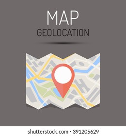 Map and geotag. concept of geolocation, geographic, positioning, guide, geotagging, mapping, targeting, placement, tagging. flat style modern logo design vector illustration