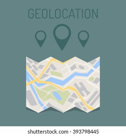 Map and geotag. concept of geolocation, geographic, positioning, guide, geotagging, mapping, targeting, placement, tagging. flat style modern logo design vector illustration