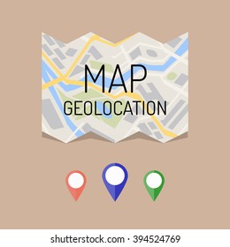 Map and geotag. concept of geolocation, geographic, positioning, guide, geotagging, mapping, targeting, placement, tagging. flat style modern logo design vector illustration