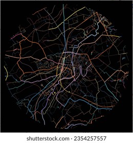 Map of Geraardsbergen, East Flanders with all major and minor roads, railways and waterways. Colorful line art on black background.