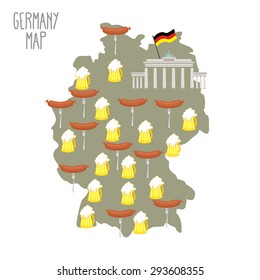 Map of Germany. Beer and sausages. Attraction Berlin Brandenburg Gate. Vector illustration. 