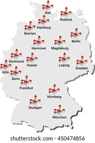 map of germany with the biggest towns shown with small houses and a tower